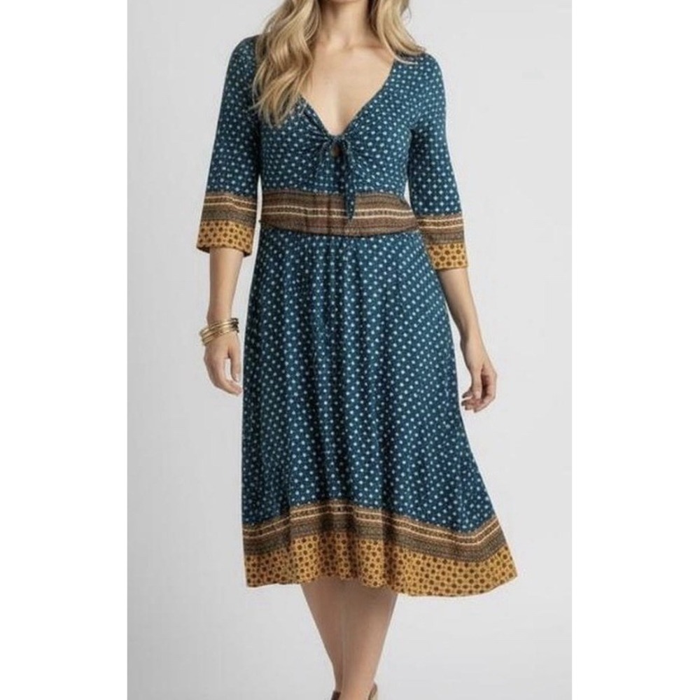 Anthropologie Maeve Women's M Blue Beloved Tie Front 3/4 Sleeve Midi Dress